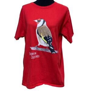 Hand Printed Upcycled Womens 2X European Goldfinch Bird 100% Cotton Tee